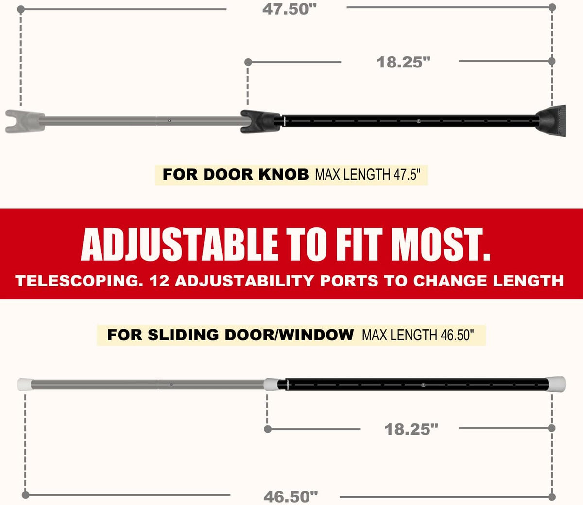 SECURITYMAN 2-in-1 Door Security Bar & Sliding Patio Door Security Bar (2 Pack) via Interchangeable Caps - Heavy Duty Iron Construction Door Stoppers Lock for Home, Apartment, Travel Hotel - Black
