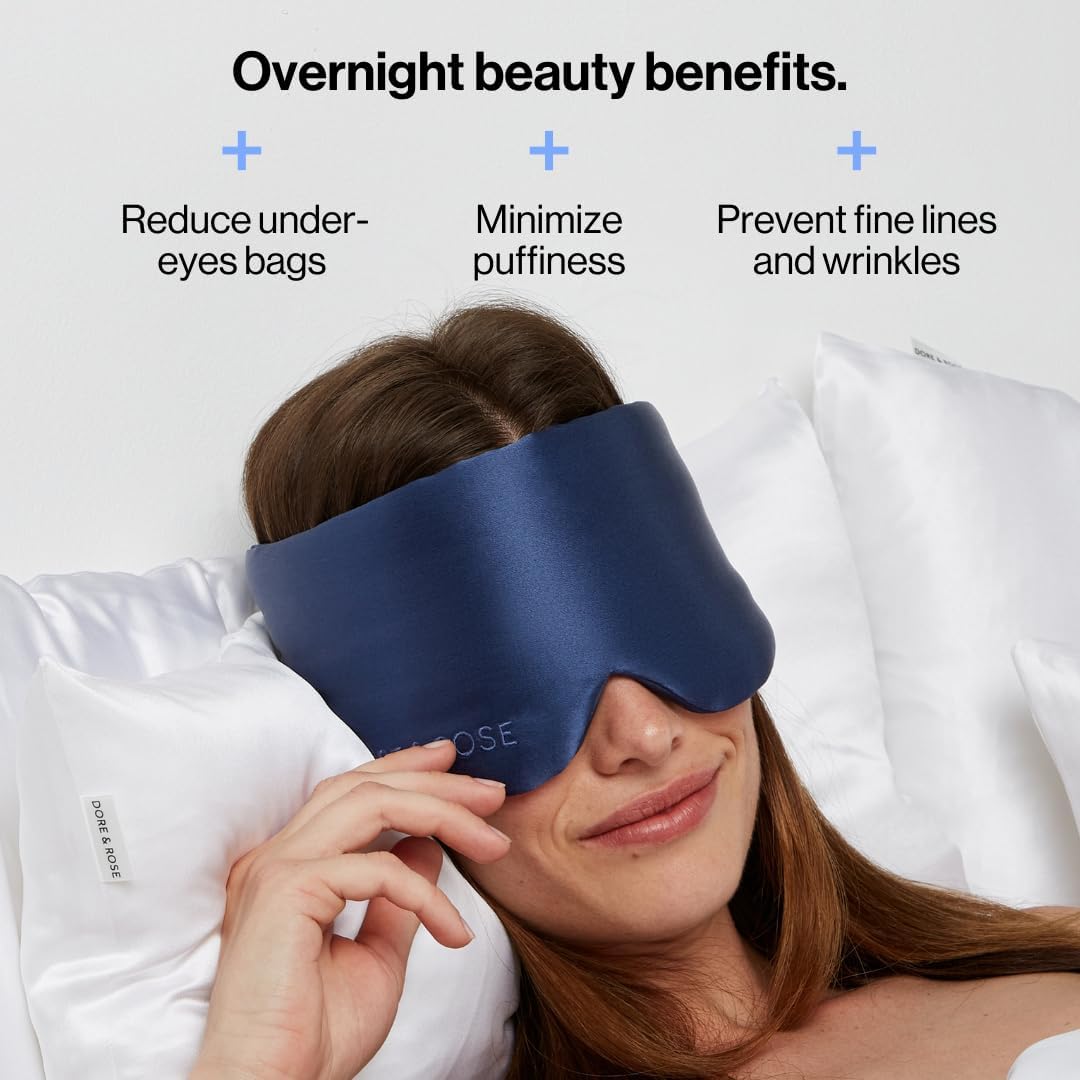 Dore & Rose Deep Sleep Mask Light Blocking, 23 Momme Mulberry Silk Eye Mask, Ultra Soft, Adjustable - Travel Sleeping Mask for Men & Women - Dark Blue