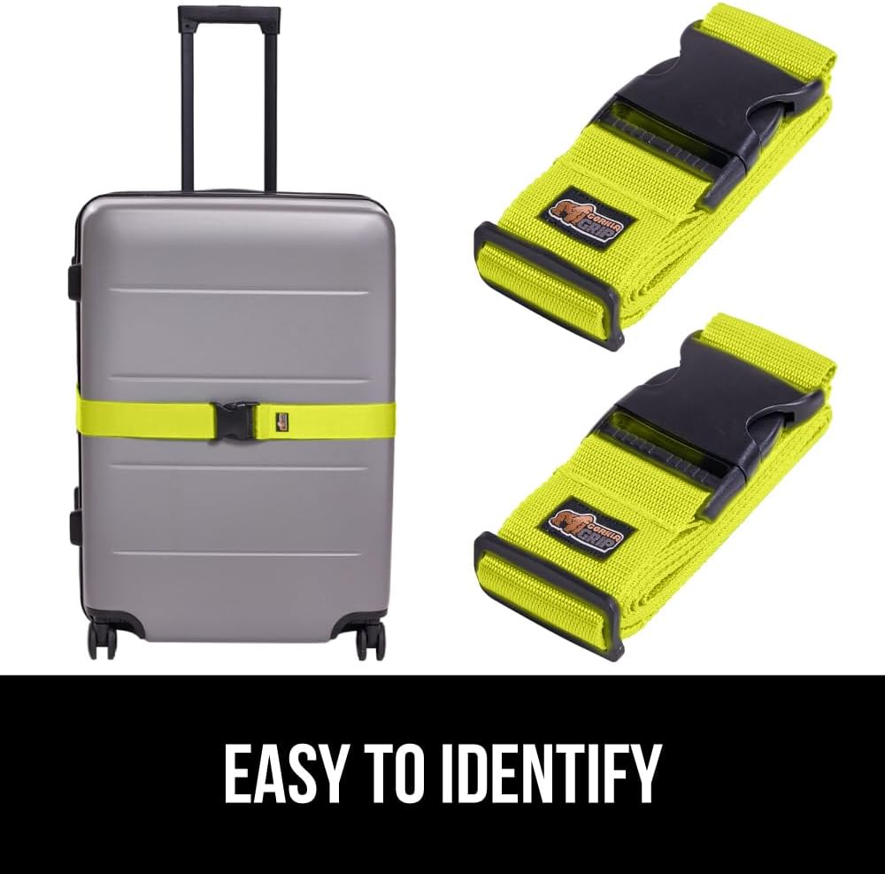 GORILLA GRIP Heavy Duty Adjustable Luggage Straps for Suitcases, Easy to Identify Travel Belt Connector Holds Suitcase Together, Extends Life of Bag, Strap Connects Two Bags, Accessories 2 Pack Yellow