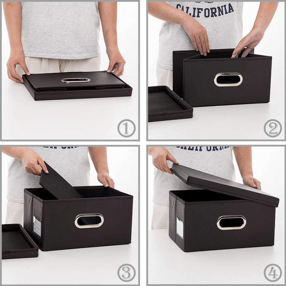 PRANDOM Collapsible Storage Box with Lid [3-Pack] Leather Fabric Foldable Storage Bin Organizer Container Basket Cube with Cover for Home Bedroom Closet Office Nursery Black(13.6x9.6x6.9)
