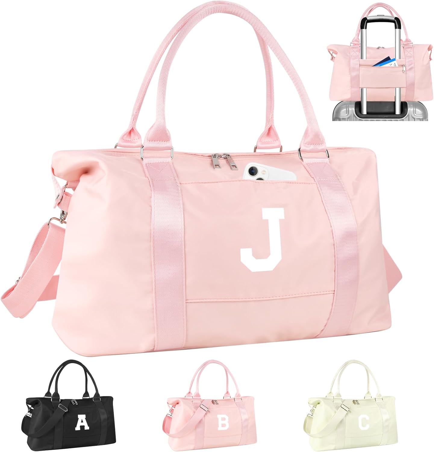 Initial Travel Duffel Bag Sports Gym Bag for Girls Teen Birthday Gifts,Pink Personalized Weekender Bag Carry On Tote Bags for Women Men,Waterproof Overnight Luggage Bag with Trolley Sleeve(Letter J)