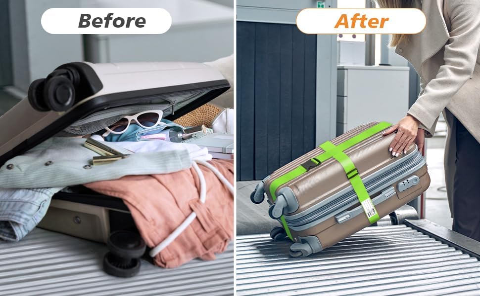 BILIONE Luggage Straps 88 inch Adjustable Suitcase Belt, Lockable Against Accidental Opening, Easy to Identify Travel Accessories, Add a Bag Connector (Vibrant Blue + Green, 4)
