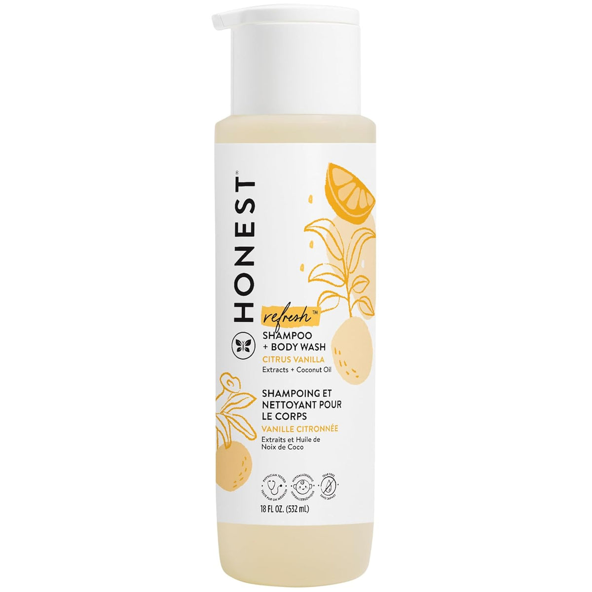 The Honest Company 2-in-1 Cleansing Shampoo + Body Wash | Gentle for Baby | Naturally Derived, Tear-free, Hypoallergenic | Citrus Vanilla Refresh, 18 fl oz