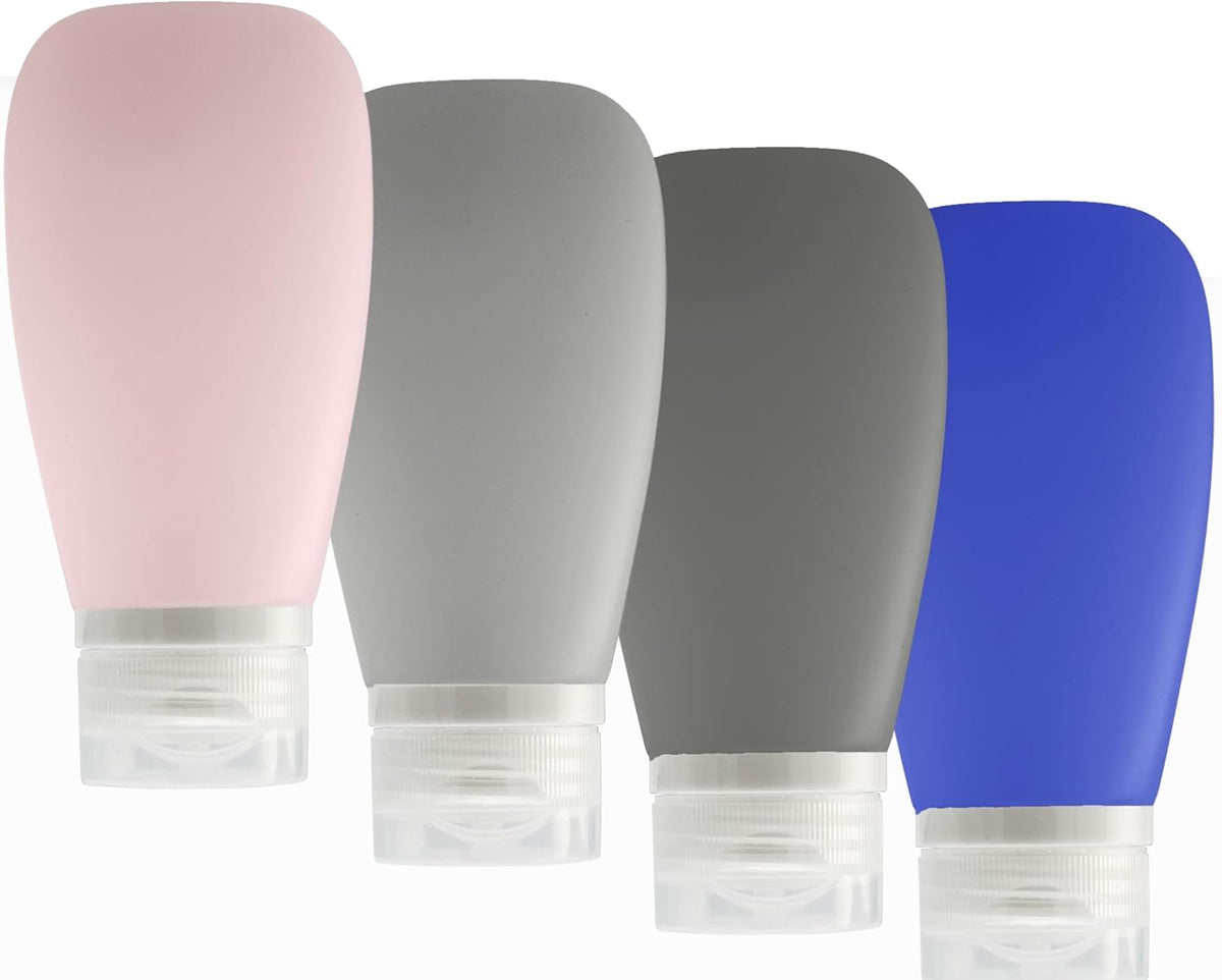 Travel Bottles for Toiletries, TSA Approved 3oz Leak Proof Silicone Refillable Squeeze Travel Size Containers BPA Free for Cleansers, Lotions, Shampoo 4pk color (P,G,Blk,Blue)