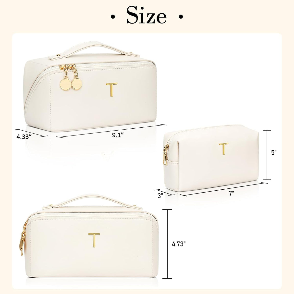 Birthday Gifts for Women Teen Girl, Personalized Initial Makeup Organizer Bag Set, Open Flat Travel Cosmetic Bag With Clear Divider and Handle(Beige,T)