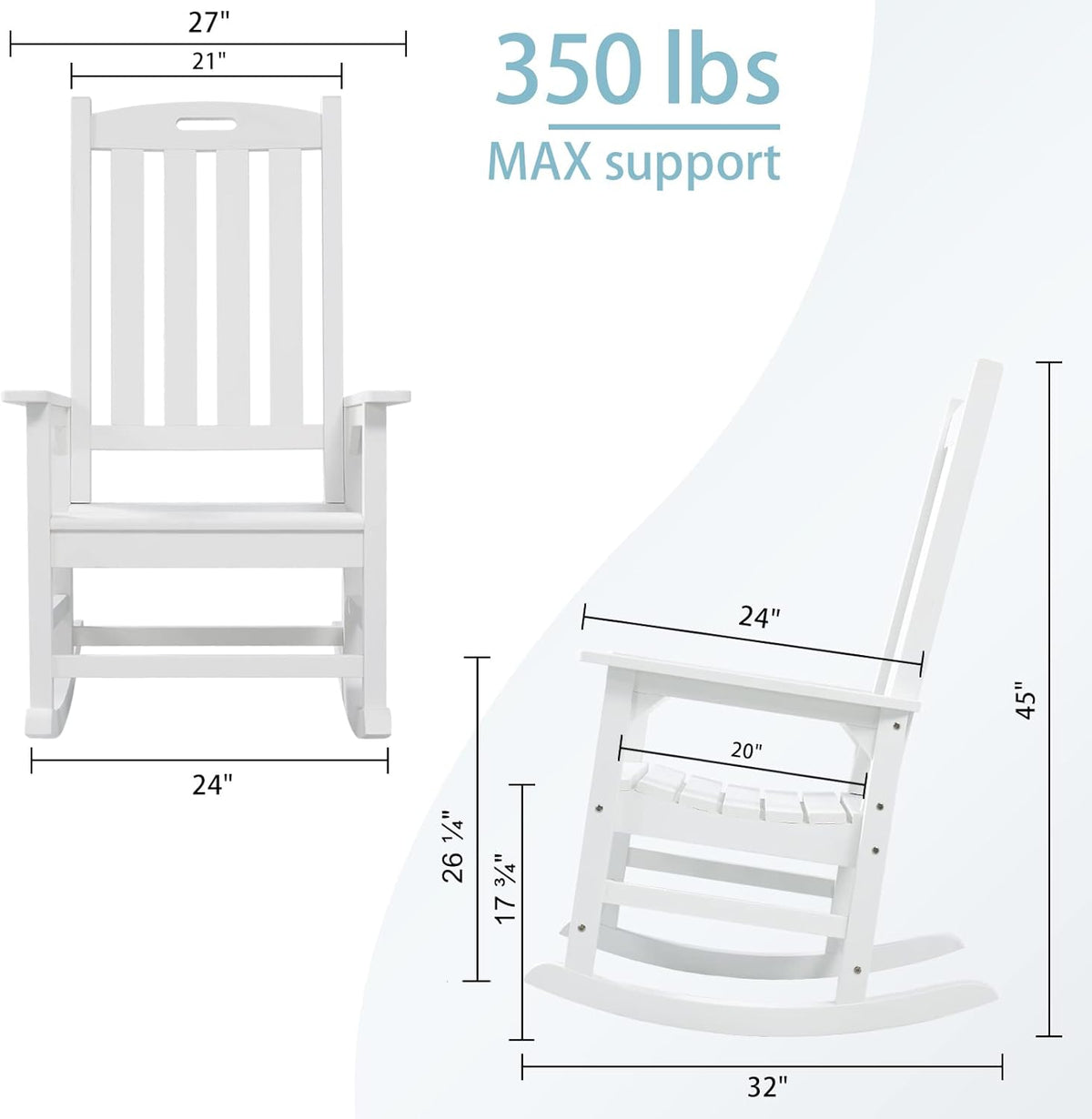 Psilvam Oversized Outdoor Rocking Chair Set of 2, Porch Rocker with 21" Wide Seat and 32" Tall Backrest, Pre-Assembled with Most Components for Effortless Installation (White)