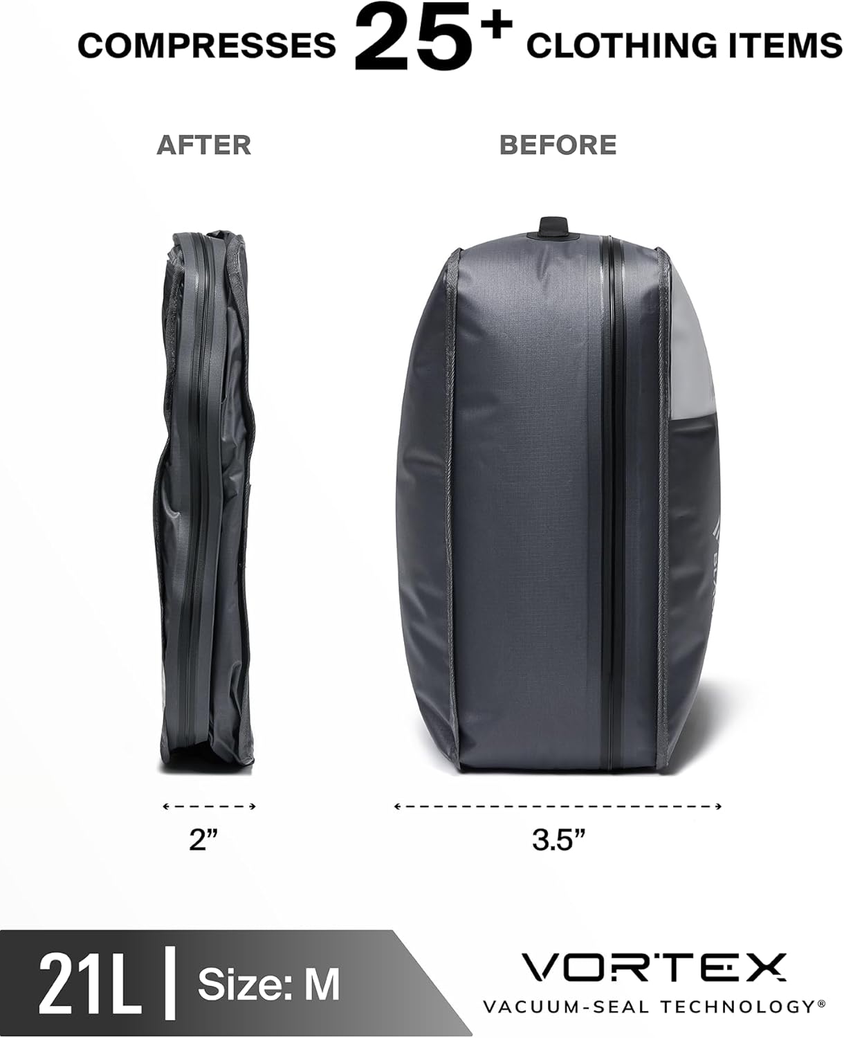 Black Voyage Reusable Vacuum Compression Travel Bag for Carry-On Suitcase and Backpack, Recycled IP67 Waterproof Space Saver Airback (2-Pack, 21L - No Pump)