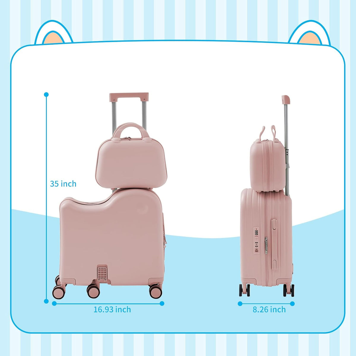 TABU Ride-on Luggage with Handbag for Kids，Hardshell Carry On Suitcase with Hidden Cup Holder, Foldable Pedal,Type-C & USB Interface, TSA Lock, 6-Spinner Wheels, Pink