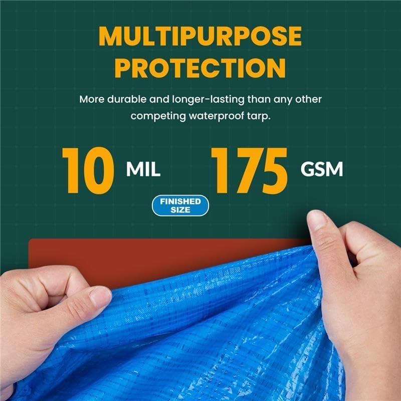 Large Waterproof Tarp - Heavy Duty 10 Mil Thick Poly Tarpaulin Ideal for Canopy Tents, Boats, RV or Pool Covers - Multipurpose Protective Tarps with Grommets for Indoor and Outdoor Use | 8' x 10'