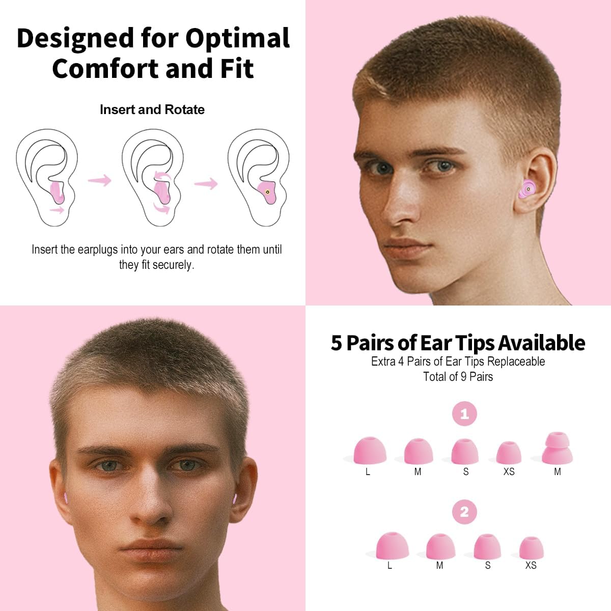 Ear Plugs for Sleeping Reusable Earplugs for Concerts Noise Cancelling Soft Silicone Noise Reduction Earbuds for Travel, Focus, Work 33-45dB Hearing Protection with 9 Ear Tips & Case (Pink)