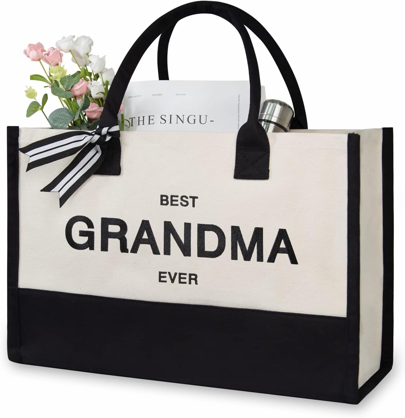 TOPDesign Embroidery Canvas Tote Bag for Women, Grandma Gifts from Grandchildren Granddaughter Grandson, Personalized Birthday, Mothers Day Present, Ideal for Beach, Holiday