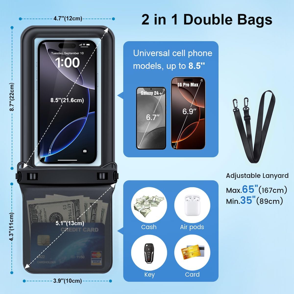 Waterproof Phone Pouch Floating, Double Bags Waterproof Phone Case with Lanyard for iPhone 16 15 Pro Max, Galaxy S24 S23 Ultra, IPX8 Cellphone Dry Bag Beach Travel Cruise Essentials 2Pack-8.5''