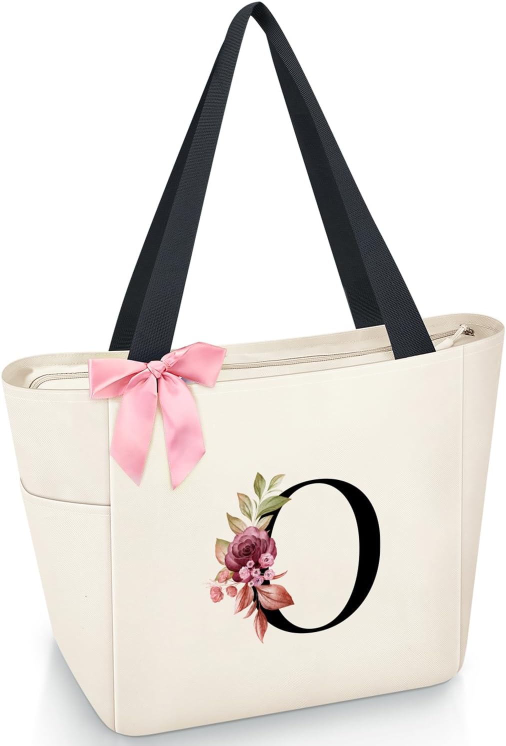 Vavabox Tote Bag, A-Z Initial Monogrammed Waterproof Tote Bag, Bridesmaid Gifts for Women, Black and Pink