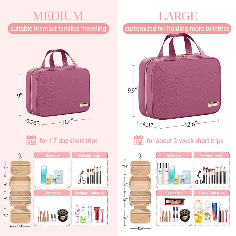 HOTOR Travel Toiletry Bag w/Hanging Hook - Spacious Toiletry Bag Essentials for Women & Men, Makeup Bag/Big Comparment, Waterproof for Travel Accessories, Large, Rosewood-Pink