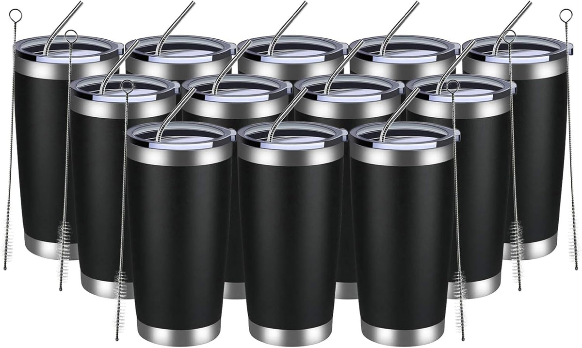 MEWAY 20oz Tumbler 12 Pack Double Wall Vacuum Insulated Travel Mug Bulk, Stainless Steel Tumblers with Lid and Straw, Durable Powder Coated Coffee Cups for Cold & Hot Drinks (Black, 12)