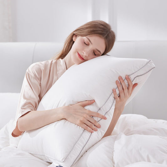 Globon Luxury Feather Down Pillow Standard Queen Size for Sleeping, Hotel Collection Fluffy Pillow, Low Soft Gusseted Bed Pillows, 18"X26", Pack of 1