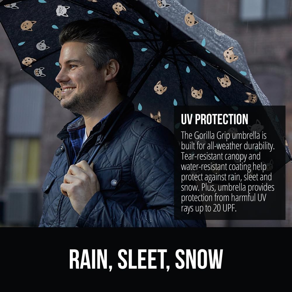 GORILLA GRIP Strong Stick Umbrella for Rain, Compact Travel One-Click Automatic Open Close, Lightweight, Portable, US Designed Reinforced Fiberglass Ribs, Wind Resistant, Easy Collapse, Cats Dogs