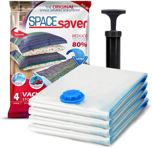 4 Pack Large Vacuum Storage Bags for Comforters, Blankets & Clothes – Vacuum Sealed Compression Bags with Hand Pump – Space Saver Storage Bags for Bedding, Moving, Travel & Organization