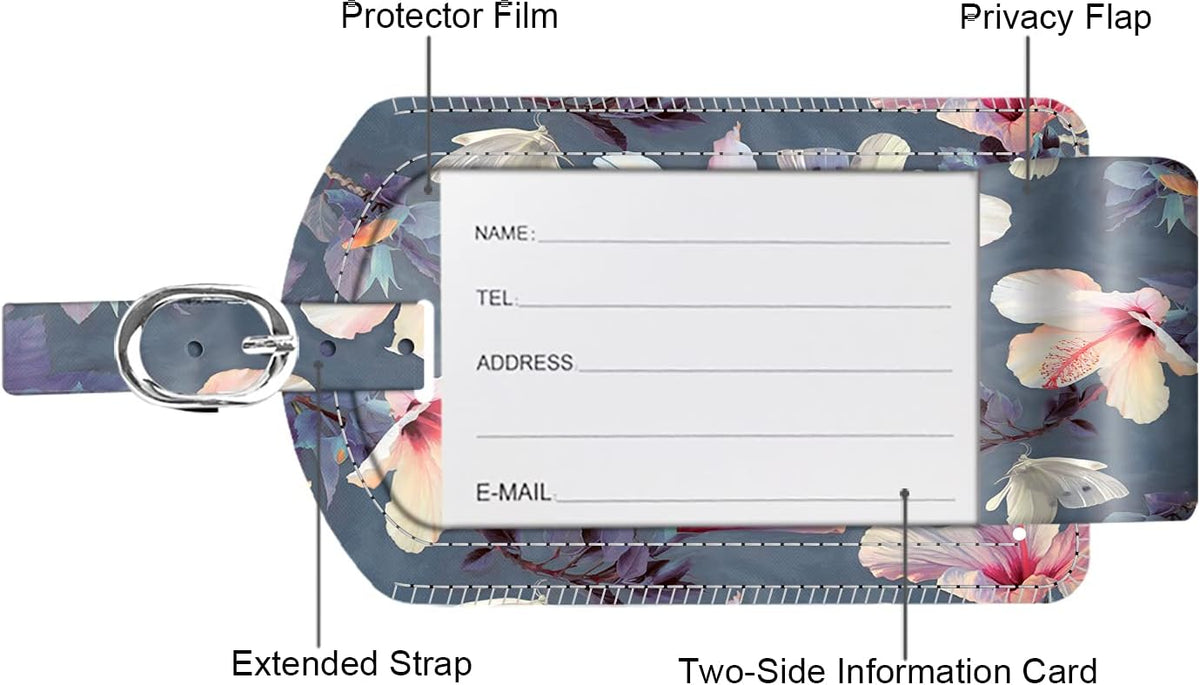 FINTIE 2 Pack Luggage Tags, Leather Name ID Labels with Privacy Cover for Travel Bag Suitcase, Theme - Blooming Hibiscus