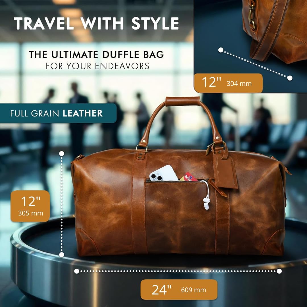 ELIZO Large Leather Duffle Bag For Men Women Big REAL FULL GRAIN Travel Overnight Weekender Carry On Luggage Sports Gym Bags (Tan 24 Inch) Heritage