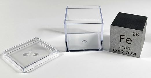1.5" 38.1mm Iron Ferrum Metal Cube Fe up to 99.9% Pure Periodic Table Element Engraved Density Collection Science Education Display Block Cube + Acrylic Case Box - 1PC