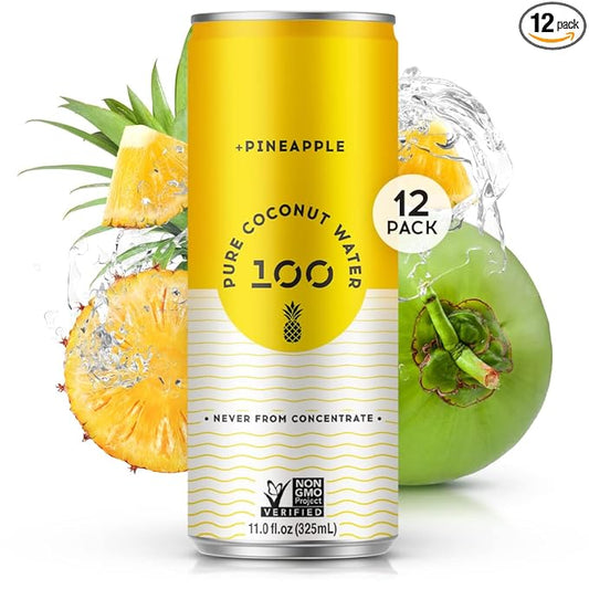 100 Coconuts Pineapple Pure Coconut-100% Pure Coconut Water - Low Calorie All-Natural Drink with Electrolytes - Naturally Sweet, no preservatives- Non-GMO, 11 fl oz, Pack of 12 (Pure Coconut Water)
