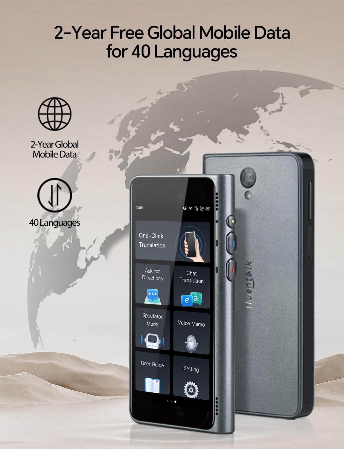 Timekettle Fluentalk New T1 Translator Device Supports 40 Languages, 31+ Offline Language Pairs, Photo Translation, No WiFi Needed, 2-Year Global Data, 4" HD Screen for Travel