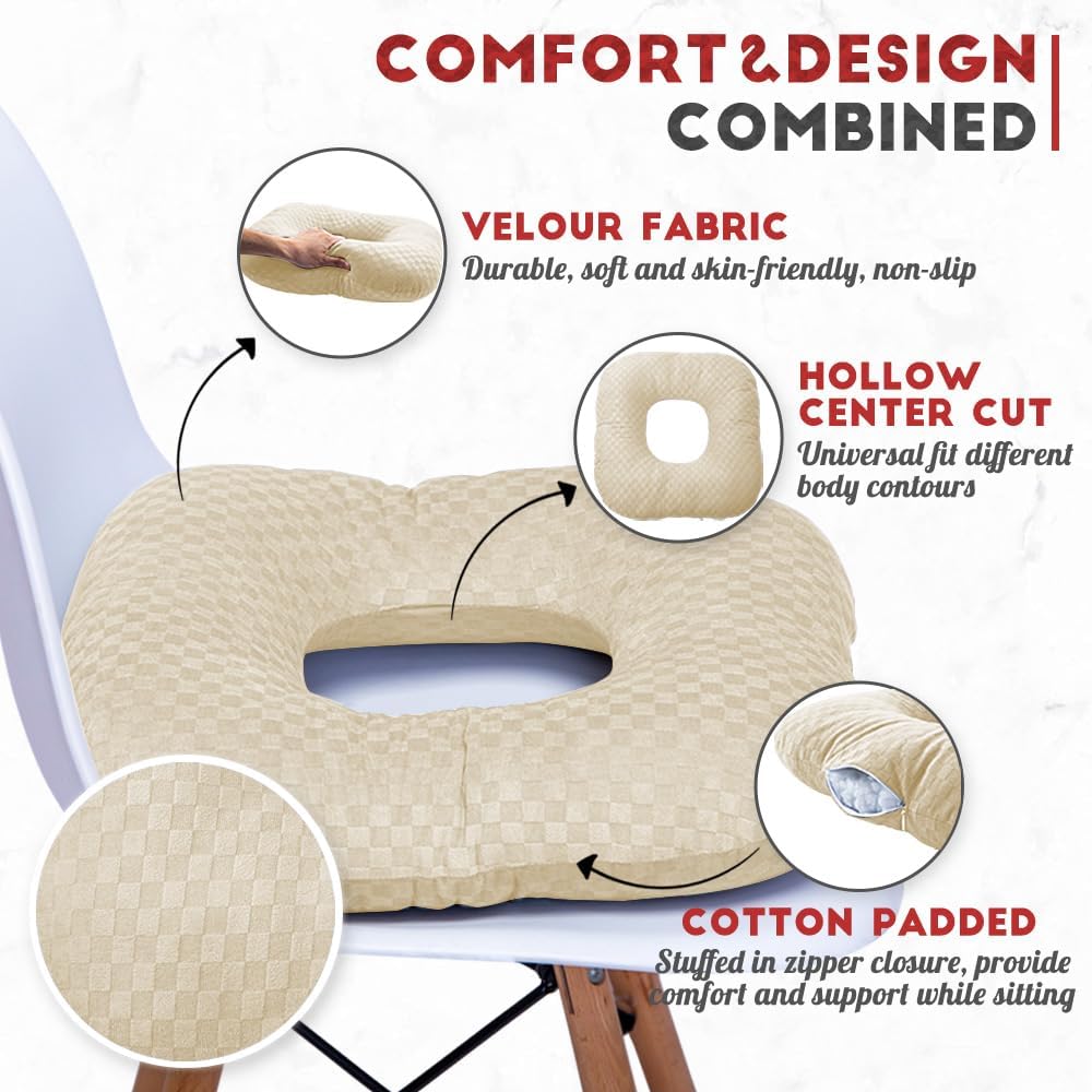 Stuffed Donut Pillow Seat Cushion | for Tailbone and Coccyx Pain, Hemorrhoids, Bed Sores, Pregnancy, Prostate, Surgery Recovery, Sitting Pressure Relief, for Home, Office and Car (Beige)