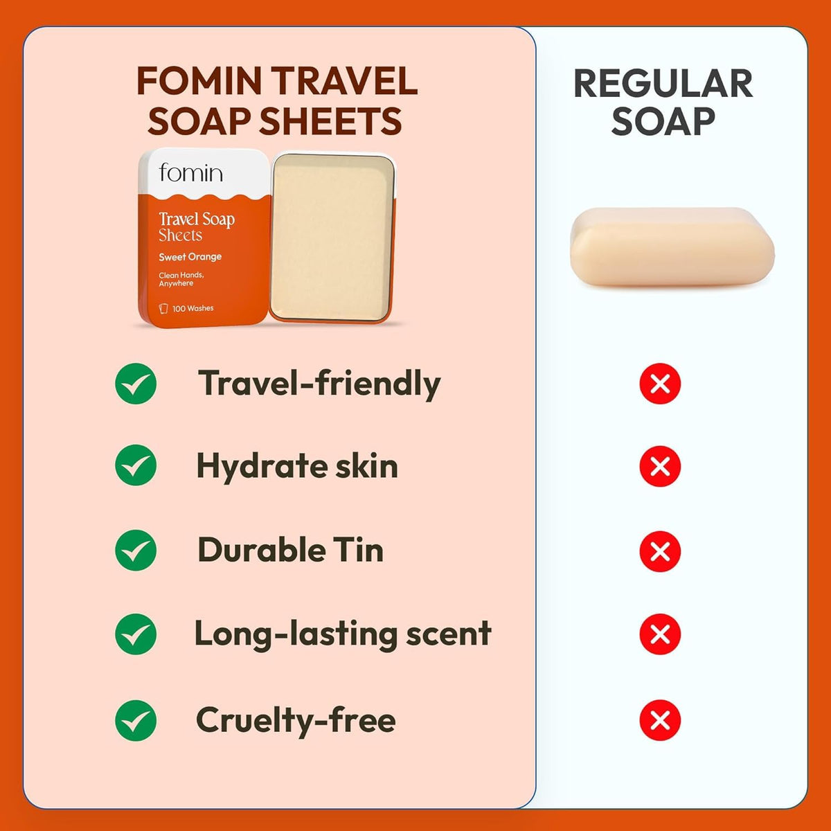 FOMIN - Antibacterial Paper Soap Sheets Tin for Traveling - (300 Sheets) Orange - Portable Travel Hand Soap Sheets, Dissolvable Mini Camping Hand Soap for Hand Washing