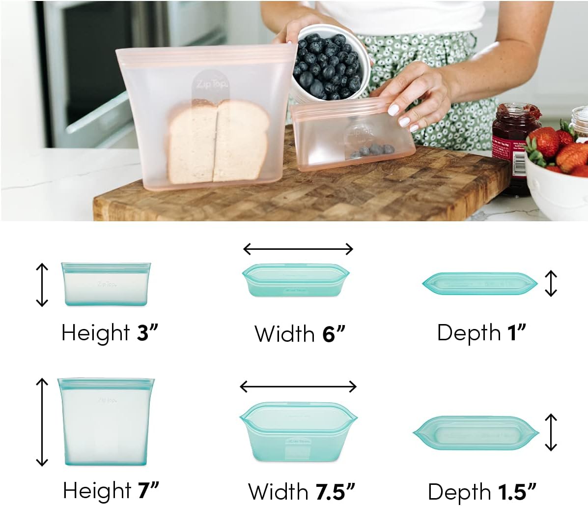 Zip Top Reusable Food Storage Bags | 2 Bag Set [Teal] | Silicone Meal Prep Container | Microwave, Dishwasher and Freezer Safe | Made in the USA
