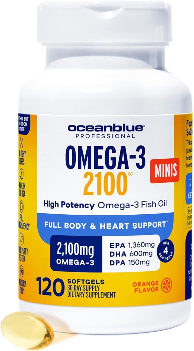 Oceanblue Professional Omega-3 2100-120 ct - High-Potency Triple Strength Burpless Fish Oil with EPA, DHA & DPA - Wild Caught - Orange Flavor, 60 Servings (120 Mini Count (Pack of 1))