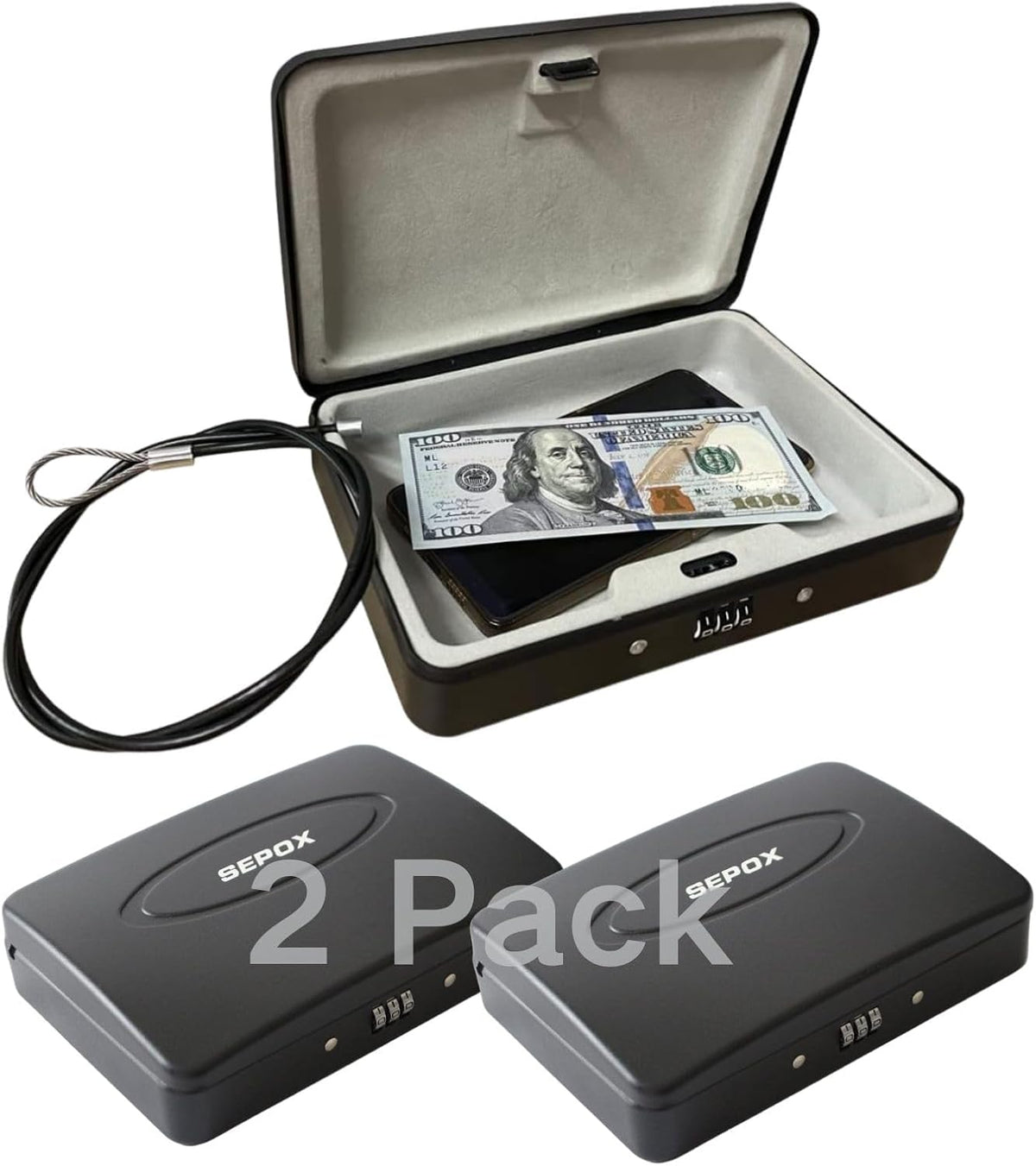 SEPOX® 2Pcs Water/Fire-Resistant Portable Security Case Lock Box Steel, Personal Travel Safe Storage Cabinet for Small Item, 3-Ft Cable, Ressetable Combination Lock for Dorm, Car, Sports, Office