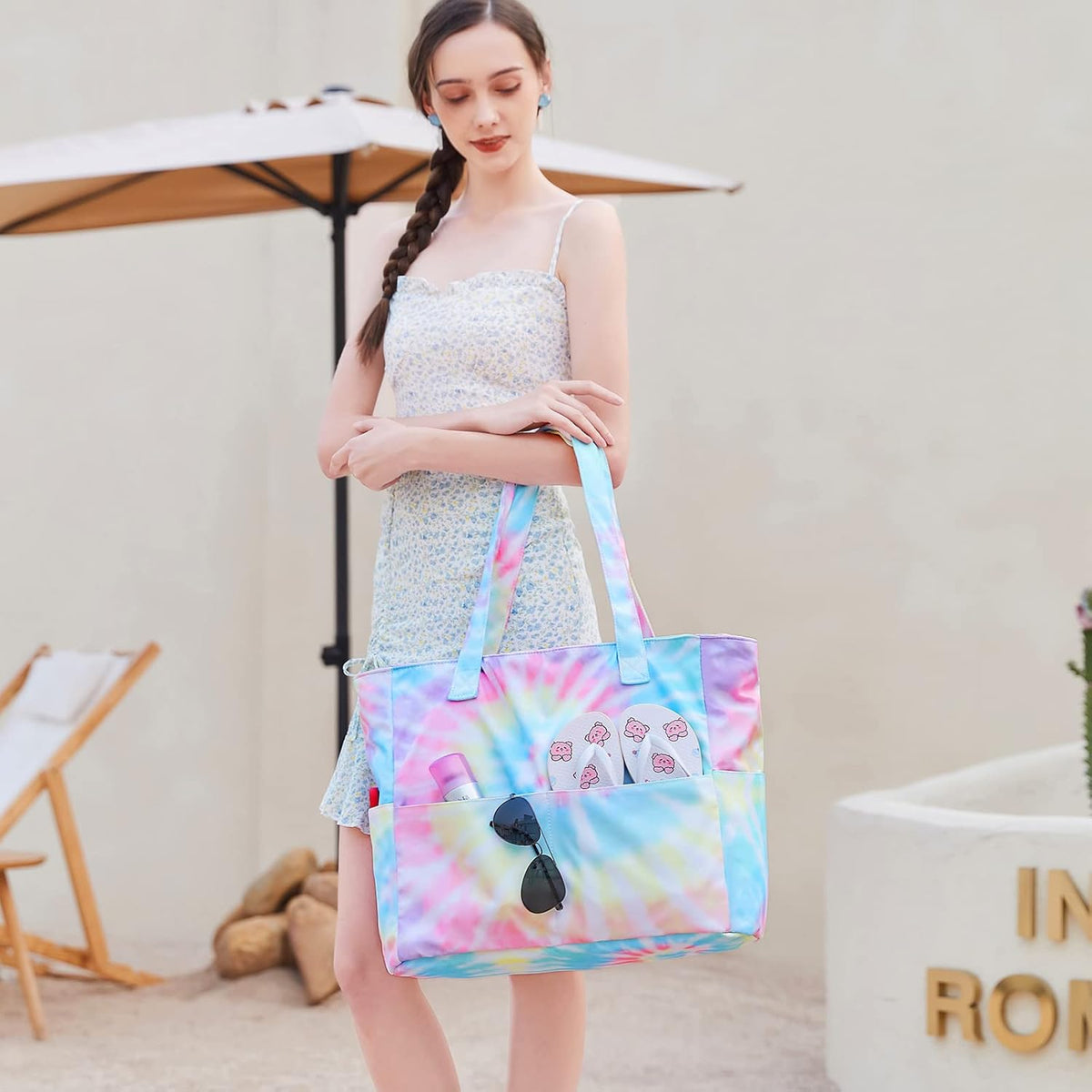CAMTOP Waterproof Beach Tote Bag for Women Girls with Zipper Foldable Sandproof Pool Swim Bag Travel Carry On Gym