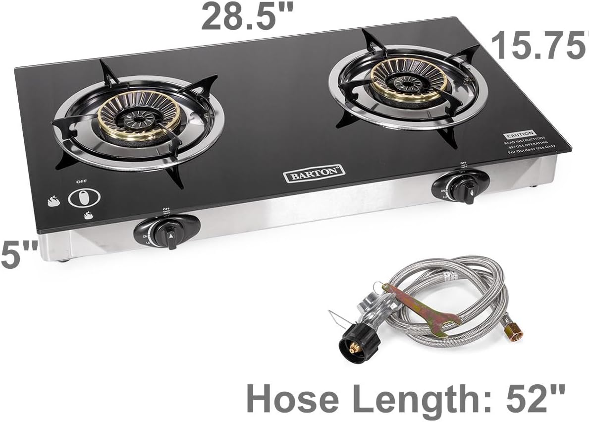 Barton Double Burner Stove w/Auto Ignition LPG Tempered Glass Outdoor Propane Portable Camping Cooktop Range 2-Burner Gas Burner