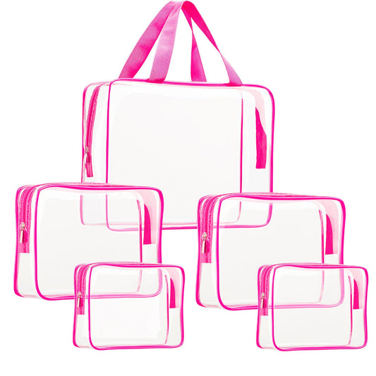 5Pcs Crystal Clear PVC Travel Toiletry Bag Kit for Women Men, Waterproof Vinyl Packing Organizer Storage Bags with Zipper Handle Straps, Cosmetic Pouch Carry on Airport Airline Compliant Bag Handbag