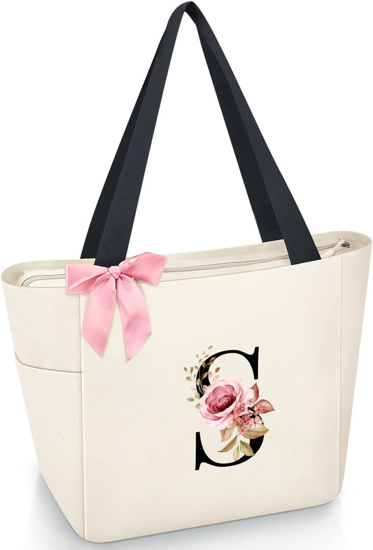 Vavabox Tote Bag, A-Z Initial Monogrammed Waterproof Tote Bag, Bridesmaid Gifts for Women, Black and Pink