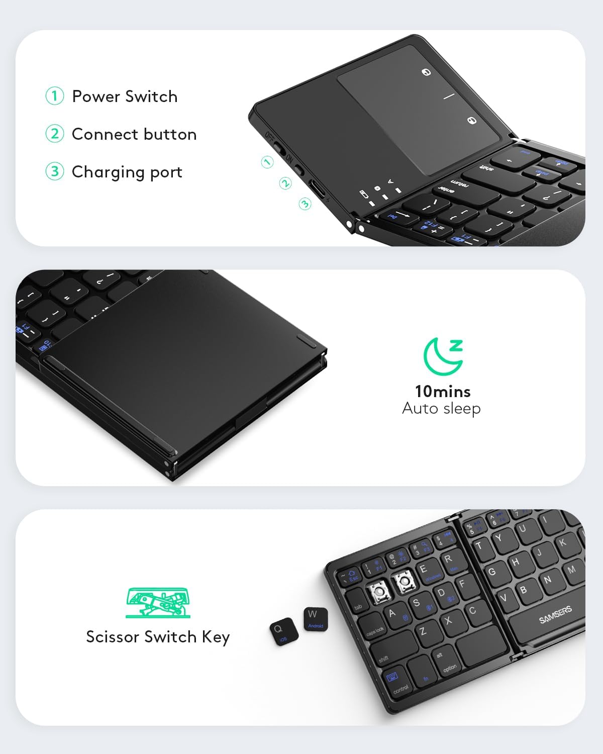 Samsers Multi-Device Foldable Bluetooth Keyboard with Touchpad, Rechargeable Dual-Mode(2.4G+BTx2) Wireless Keyboard with Holder, Portable Folding Keyboards for Android Windows iOS Mac OS - Black