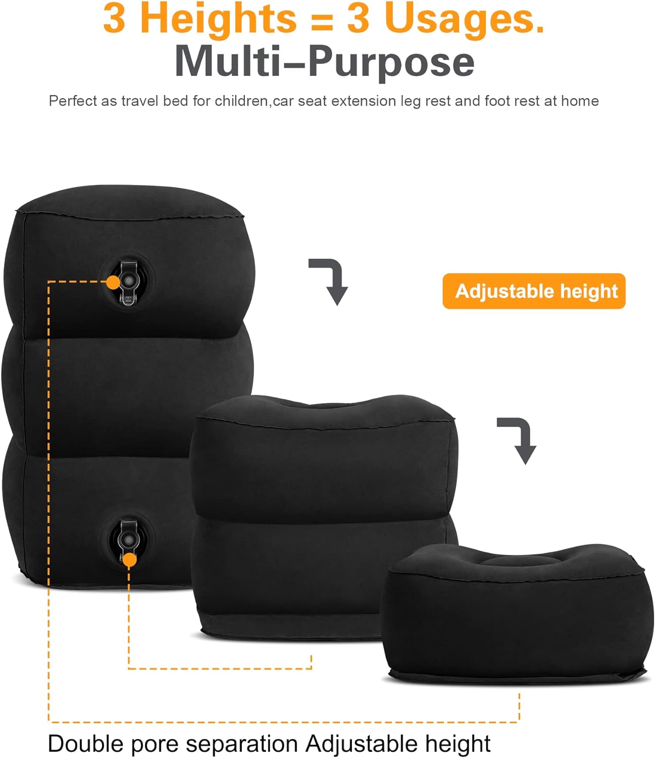 Sunany Inflatable Foot Rest Pillow , Adults Airplane Travel Pillow-Adjustable Height Cushions,for Kids to Sleep While Traveling,Suitable for Office, Home and Any Travel（Black）