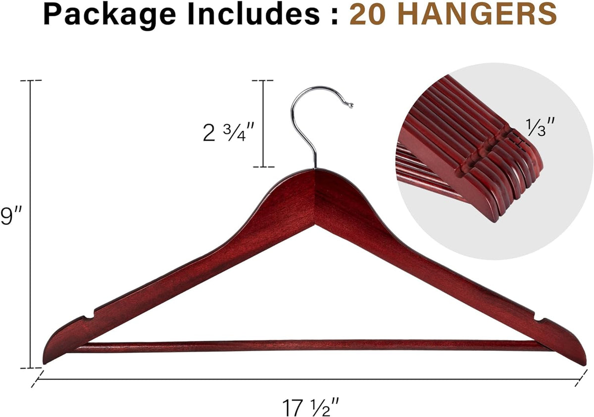StorageWorks Wooden Hangers 20 Pack, Wood Coat Hanger for Coats, Shirts, Jackets, Pants, Suits, Dark Cherry Color