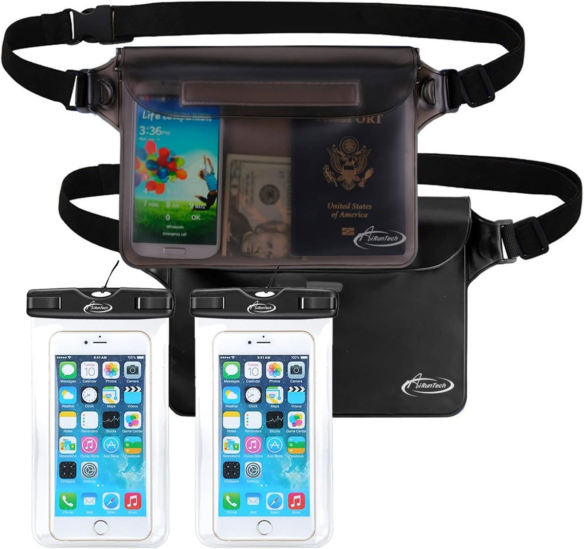 AiRunTech Waterproof Fanny Pack,Waterproof Phone Pouch for iPhone 15 14 13 12 11 Pro Max,IPX8 Waterproof Dry Bag for Snorkeling Beach Cruise Kayaking Pool Swimming(Two Phone Cases+Two Waist Bags Set)
