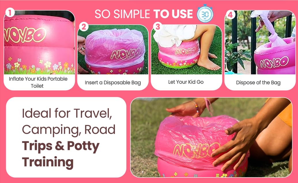 Travel Potty Seat for Toddlers - Inflatable Portable Toilet Kids Chair, Foldable Compact Lightweight Potty for Camping Road Trips, Outdoor Car Travel, Holds 66 lbs and 20 Durable Disposable Bags