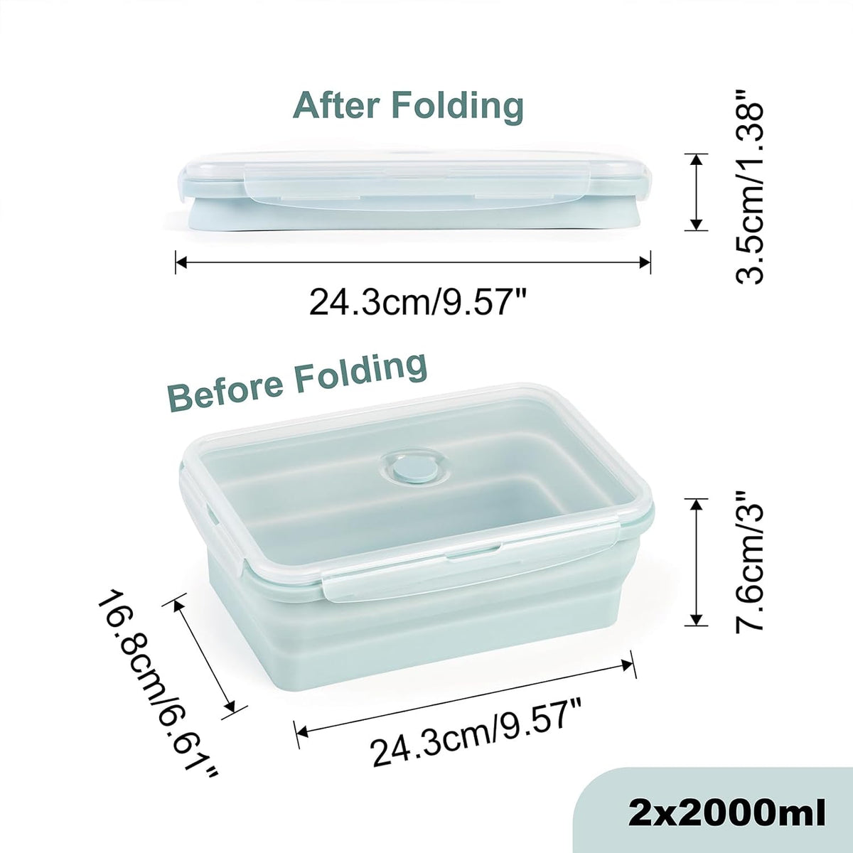 Extra Large Collapsible Silicone Food Storage Containers With Lids, 2 Pack 2000ml, XXL Foldable Bento Lunch Box, Big Meal Boxes for Kitchen, Camping, Dishwasher, Microwave, Freezer Safe