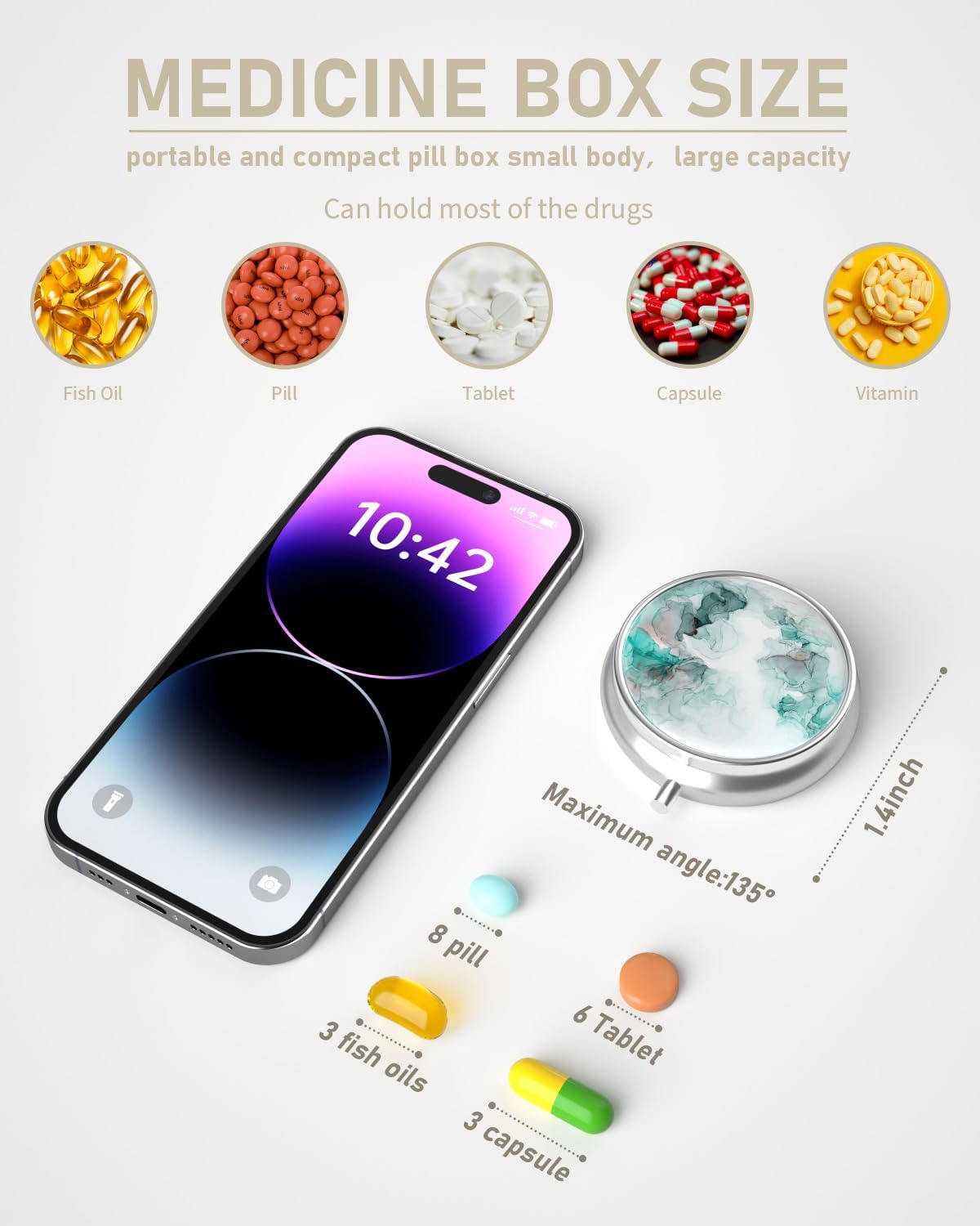 Pill Box, 3 Compartment Portable Travel Medicine Box with Mirror, Compact and Cute, Fits in Purse and Pocket, Medicine and Vitamin Organizer (Green White Marble)