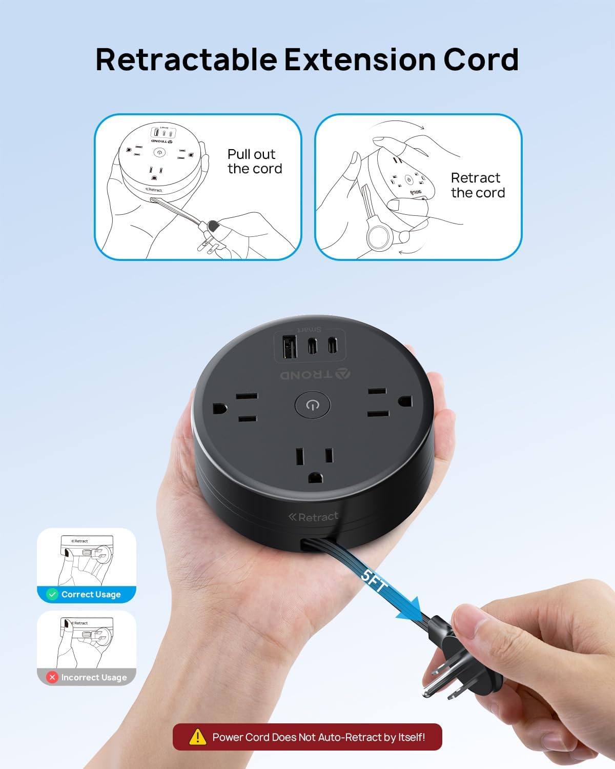 TROND Retractable Extension Cord Power Strip - Travel Power Strip with 3 AC Outlets 3 USB Ports (2 USB C), Ultra Thin Flat Plug 5ft, Cruise Ship Essentials, for Home Hotel Dorm Room, Black