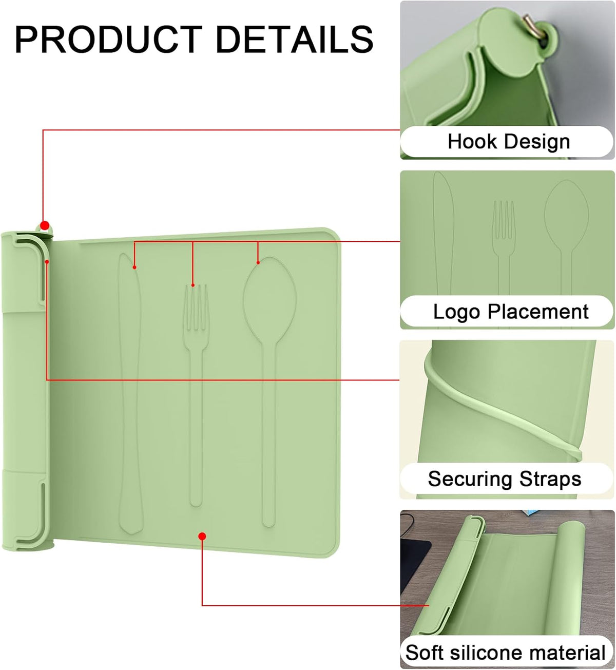 Utensil Box, Tableware Silicone Portable Box Silverware mat, Suitable for Kitchen Utensils, Portable Outdoor Camping Spoon Fork Utensils Storage mat (Green)