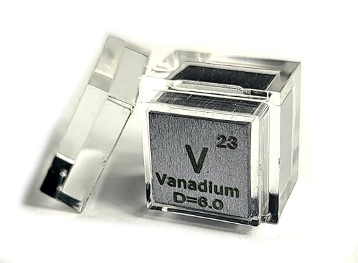 0.39" 10mm Vanadium Metal Cube V up to 99.9% Pure Periodic Table Element Engraved Density Collection Science Education Display Block Cube + Acrylic Case Box - 1PC