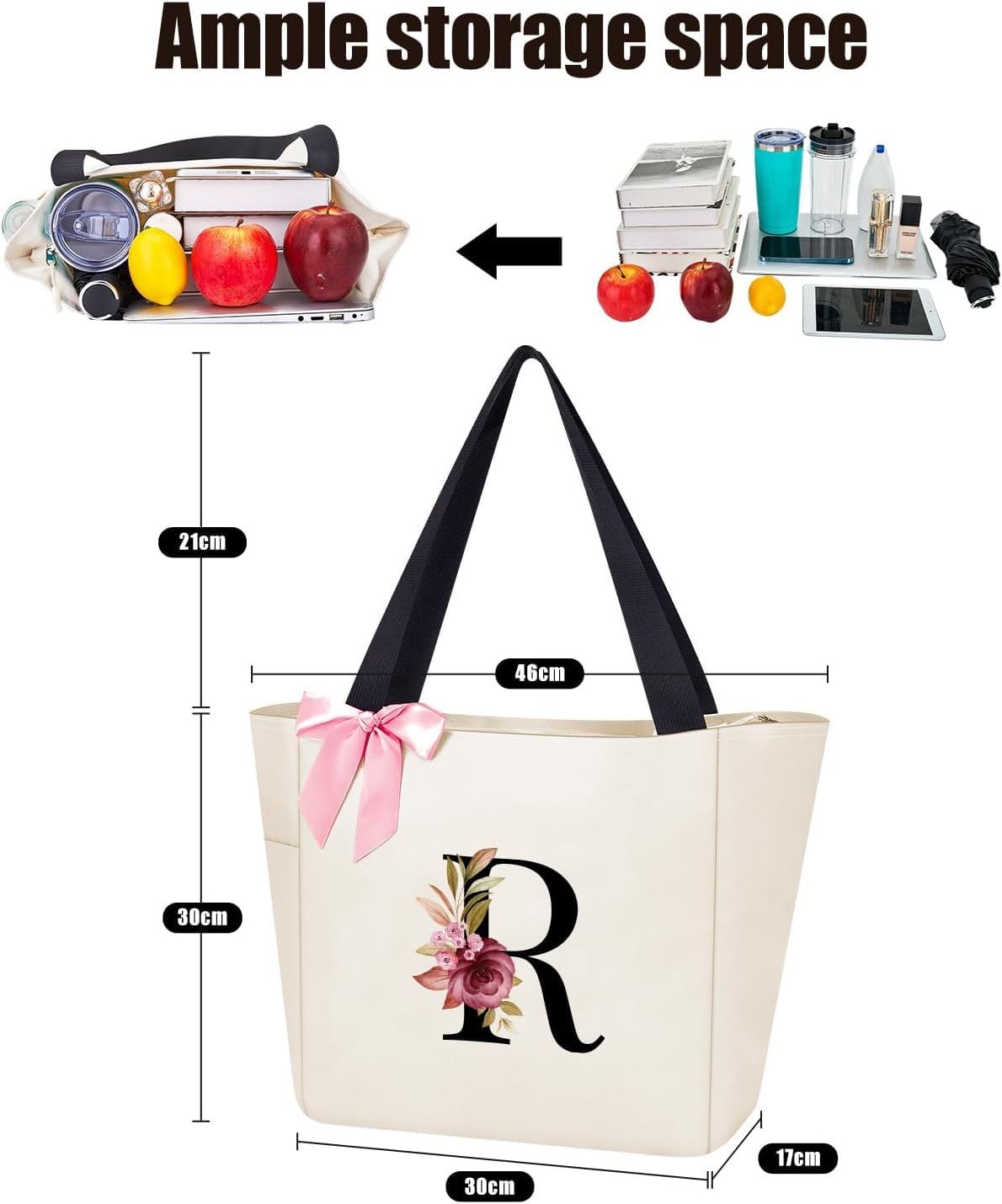 Vavabox Tote Bag, A-Z Initial Monogrammed Waterproof Tote Bag, Bridesmaid Gifts for Women, Black and Pink