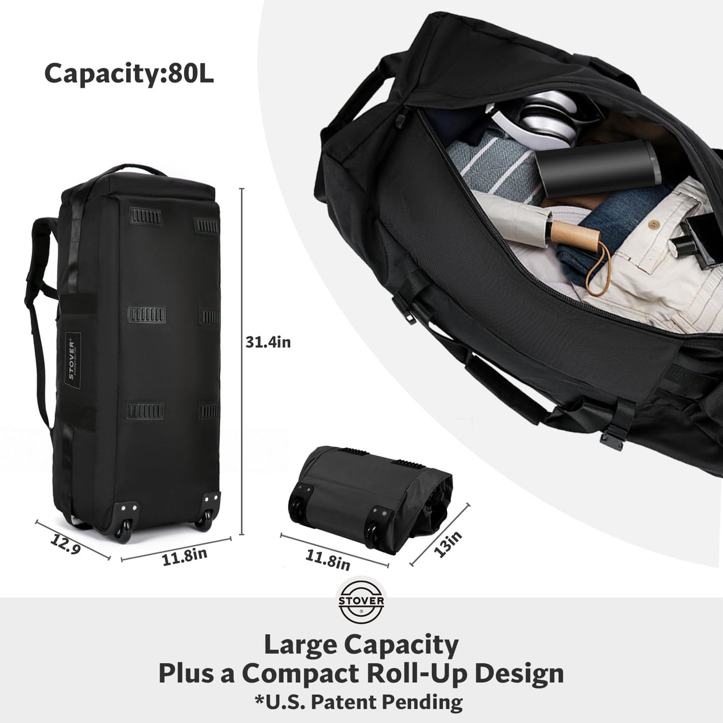STOVER 80L Rolling Duffel Bag with Wheels, Large 31 Inch Durable Travel Duffle + Toiletry Bag, Heavy Duty, Packable, Foldable w/Shoulder Straps- Use as Luggage or Backpack, Men/Women (Black)