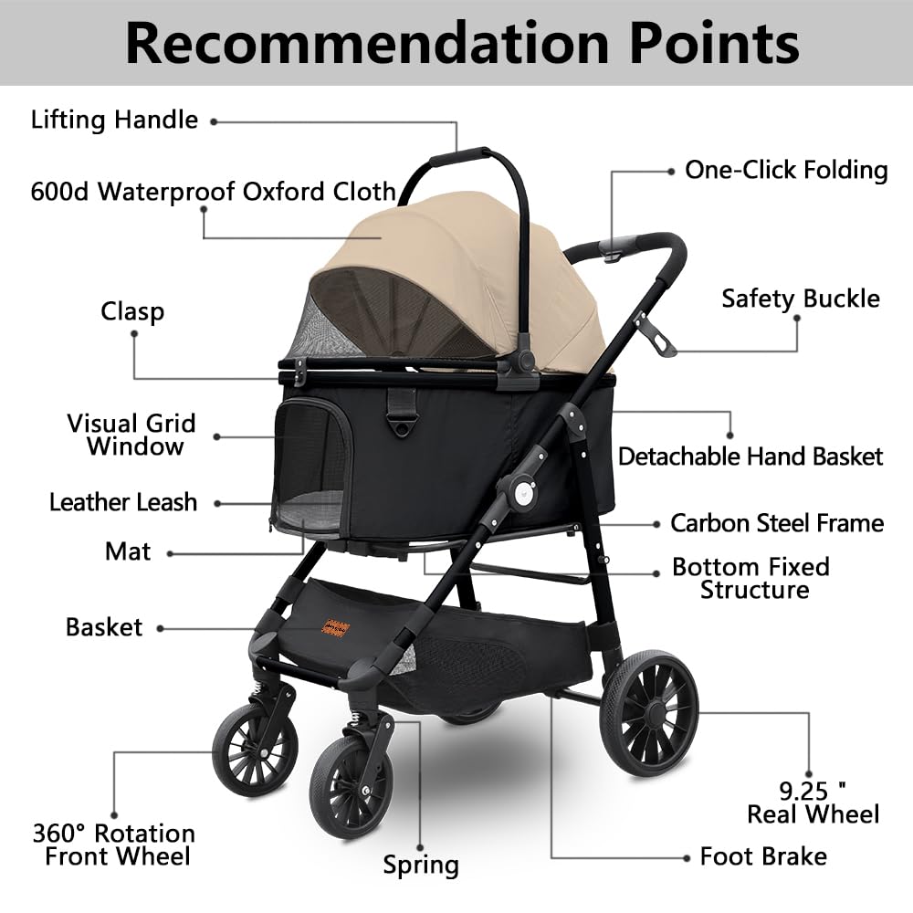 Dog Cat Stroller, Foldable 4 Wheels Dog Stroller for Small Medium Dogs 20 lbs,Pet Strollers for Large Dogs 50lbs, Stable Anti-Shock Detachble Carrier,with 360°Swiveling Front Wheel forTravel