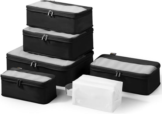 Compression Travel Packing Cubes, 6 Set Expandable Luggage Organizer Bags, Durable Travel Accessories for Suitcases, Backpacks, and Carry-Ons (Black)
